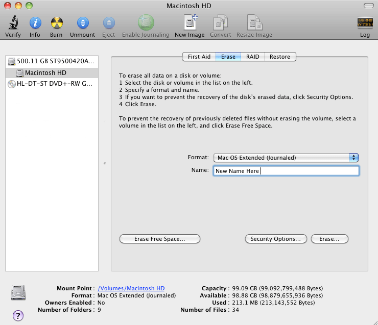mac os disk utility erase free space